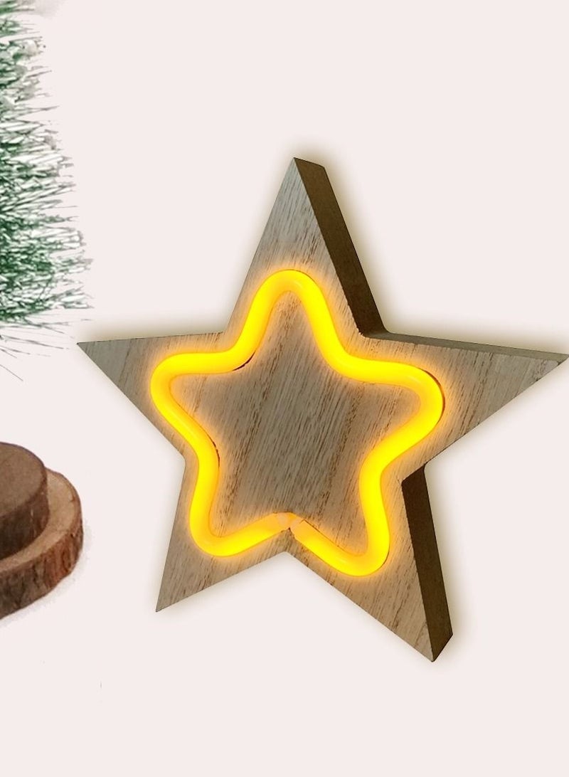 سلة إضاءة نيون على شكل نجمة صفراء مثبتة على لوحة خشبية 20 سم - Image 5