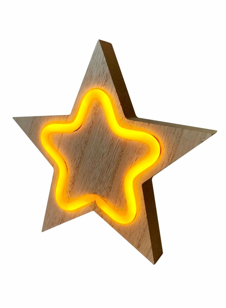 سلة إضاءة نيون على شكل نجمة صفراء مثبتة على لوحة خشبية 20 سم - Image 2