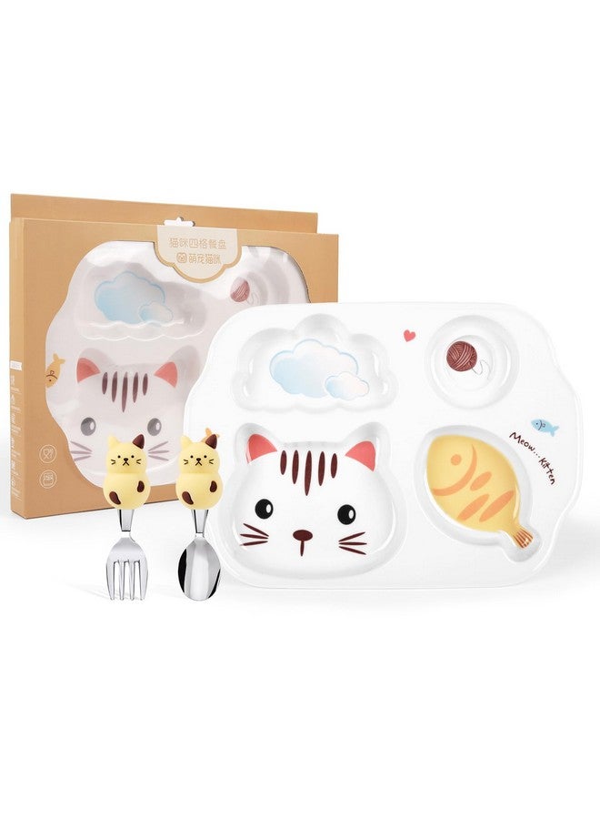 PHEENOWL Cat Plate Set for Toddlers, BPA-Free Divided Plates and Utensils for Kids, Durable Plastic Reusable 4 Compartment Plates, Picky Eater Friendly Dinnerware Set for Girls - Image 1