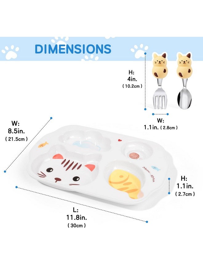 PHEENOWL Cat Plate Set for Toddlers, BPA-Free Divided Plates and Utensils for Kids, Durable Plastic Reusable 4 Compartment Plates, Picky Eater Friendly Dinnerware Set for Girls - Image 2