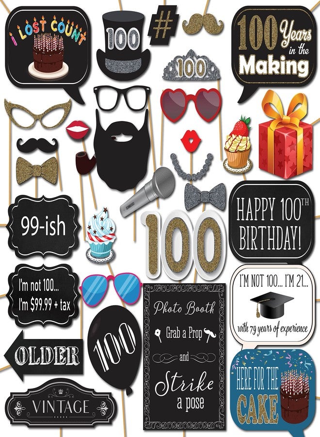 Outside The Booth 100th Birthday Photo Booth Props - 31-pc Selfie Props with 8 x 10-Inch Sign, 45 Adhesive Pads, 35 Sticks - 100th Birthday Decorations and Selfie Station - Image 1