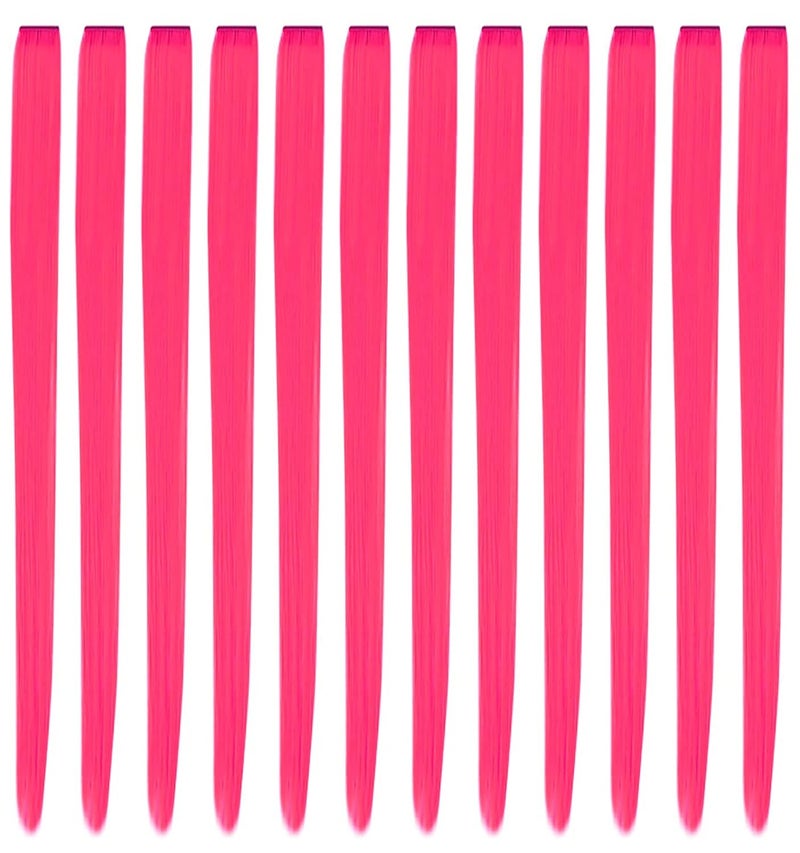 YaFex 12 Pcs Clip in Hair Extensions 22 Inch Colored Hair Extensions Party Highlights Long Straight Synthetic Hairpieces for Women Kids Girls Hot Pink