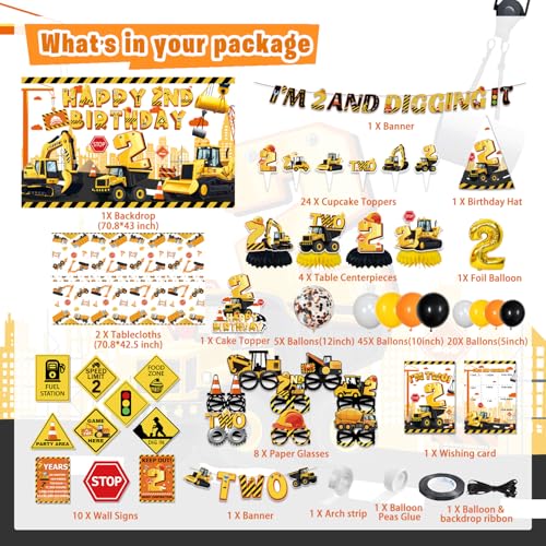 Mpanwen Construction Party Decorations for 2 Year Old Boy 128Pcs Truck Construction 2nd Birthday Party Supplies for Baby Boys  Backdrop Wall Signs Tablecloth Crown Poster Paper Glasses - Image 5