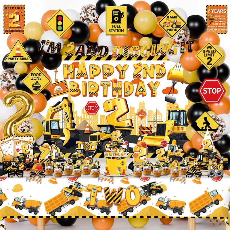 Mpanwen Construction Party Decorations for 2 Year Old Boy 128Pcs Truck Construction 2nd Birthday Party Supplies for Baby Boys  Backdrop Wall Signs Tablecloth Crown Poster Paper Glasses - Image 3