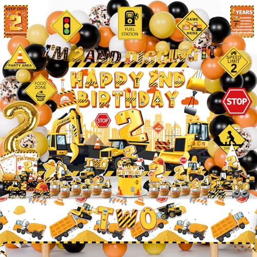 Mpanwen Construction Party Decorations for 2 Year Old Boy 128Pcs Truck Construction 2nd Birthday Party Supplies for Baby Boys  Backdrop Wall Signs Tablecloth Crown Poster Paper Glasses - Image 1