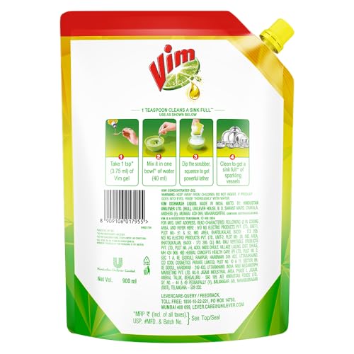 Vim Dishwash Liquid Gel Lemon 900 ml Refill Pouch - Image 2