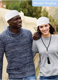 Generic 4 Pcs Kufi Hats and Muslim Prayer Beads Set for Men Women Include 2 Handicraft Knitted Muslim Hat Stretchy Taqiyah Cap and 2 Muslim Tasbih 99 Beads Muslim Ramadan Gifts Black and White  - Image 3