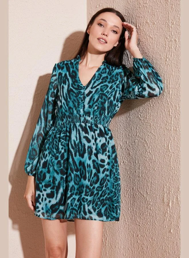 Lela Lela V-Neck Regular Fit Chiffon Mini Evening Dress with Button Detail, Women's Dress 611EL01433