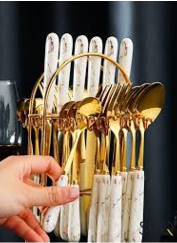 Generic - A set of 24-piece marble spoons with a golden stand, white marble color - Image 1