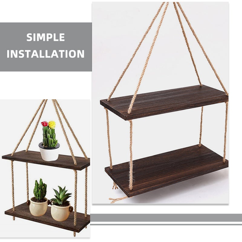2 Sets Hanging Shelves for Wall Storage Rustic Wood Floating Shelves for Bedroom Bathroom Living Room - Image 2