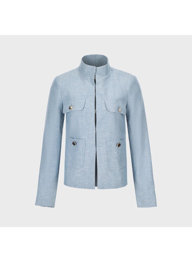Zara women's Solid Color High-end Minimalist Quiet Luxury Button-up Shoulder Padded Stand Collar Blazer - Image 2