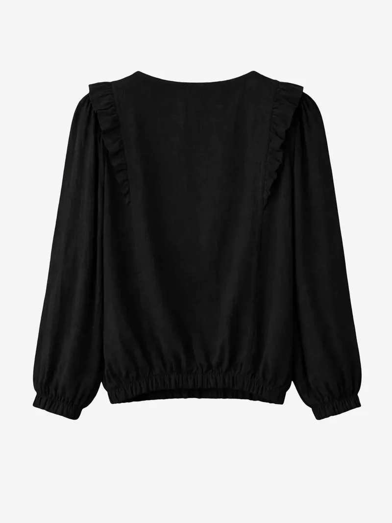 Mixray Black MIXRAY Textured Frilly Crew Neck Blouse for Women | Best Price UAE