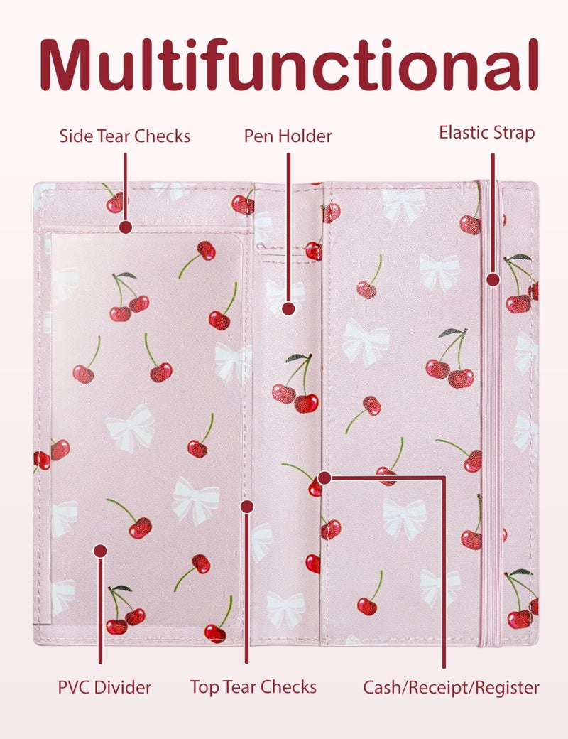 Yarnic Checkbook Cover for Personal Checkbook, Checkbook Holder with Pen Holder & Built-in Clear Plastic Divider for Duplicate Checks (Bow & Cherry) - Image 3