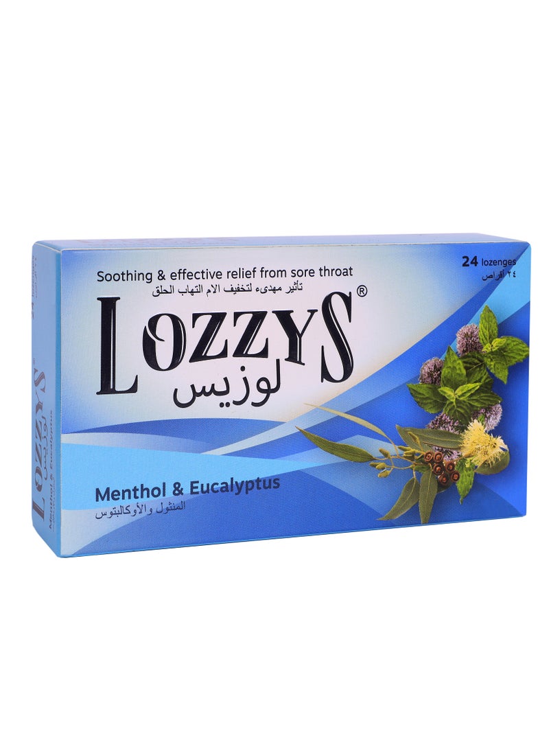 Lozzys Menthol & Eucalyptus for Sore Throat and Blocked Nose, Dual Anti-Bacterial Action, Fast Effective Relief from the Symptoms of Sore Throat, 24 Lozenges - Image 1