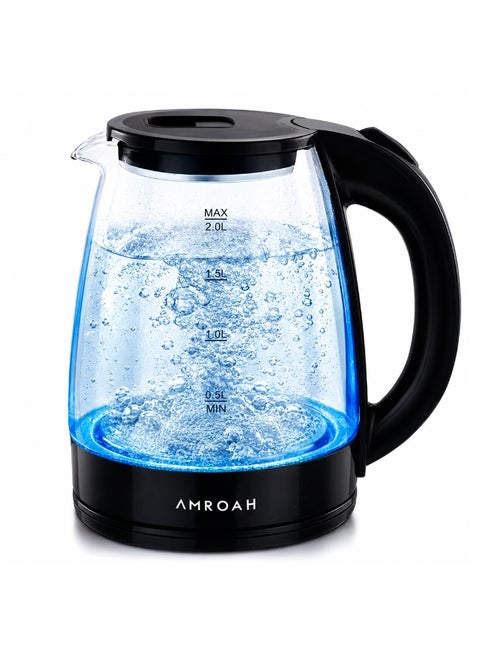 2.0L Electric Glass Tea Kettle, 1500W Fast Boil, Blue LED Light, 360° Cordless Base, Stainless Steel & Borosilicate, Large Capacity with Water Level Gauge