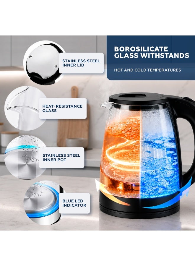 AMROAH 2.0L Electric Glass Tea Kettle, 1500W Fast Boil, Blue LED Light, 360° Cordless Base, Stainless Steel & Borosilicate, Large Capacity with Water Level Gauge - Image 2