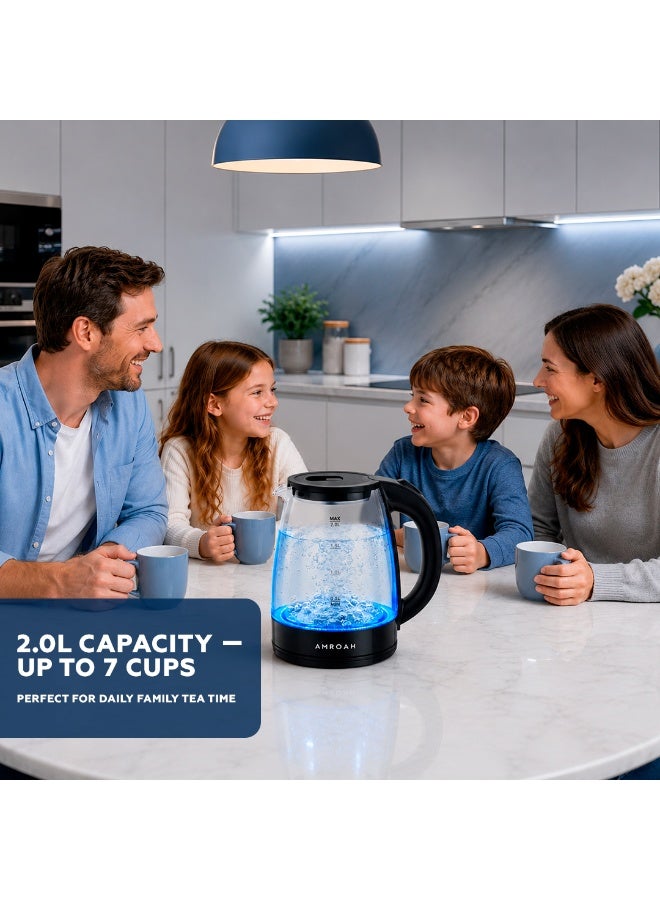 AMROAH 2.0L Electric Glass Tea Kettle, 1500W Fast Boil, Blue LED Light, 360° Cordless Base, Stainless Steel & Borosilicate, Large Capacity with Water Level Gauge - Image 3
