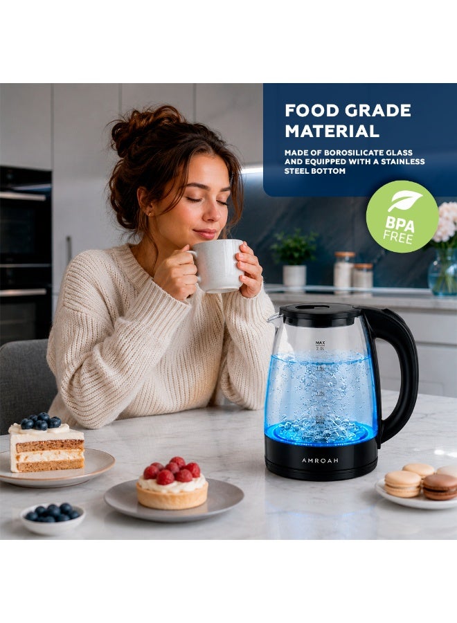 AMROAH 2.0L Electric Glass Tea Kettle, 1500W Fast Boil, Blue LED Light, 360° Cordless Base, Stainless Steel & Borosilicate, Large Capacity with Water Level Gauge - Image 4