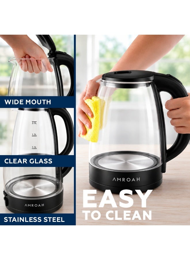 AMROAH 2.0L Electric Glass Tea Kettle, 1500W Fast Boil, Blue LED Light, 360° Cordless Base, Stainless Steel & Borosilicate, Large Capacity with Water Level Gauge - Image 5
