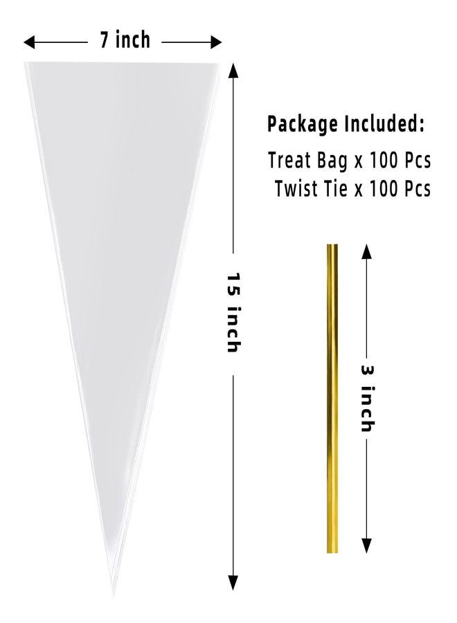 Morepack Cone Treat Bags, 100Pcs, 7x15 Inches, Clear Cellophane, with Twist Ties, for Treats, Popcorn, Candy, Party Favors - Image 2