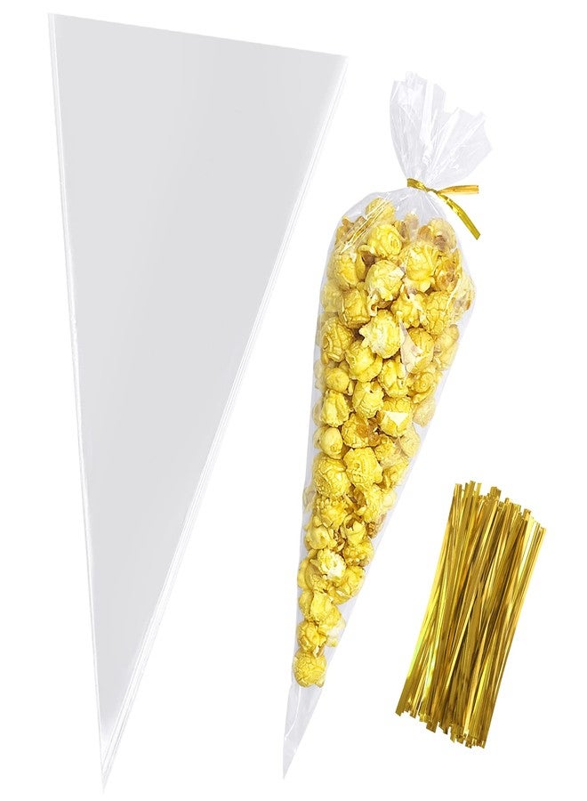 Morepack Cone Treat Bags, 100Pcs, 7x15 Inches, Clear Cellophane, with Twist Ties, for Treats, Popcorn, Candy, Party Favors - Image 1