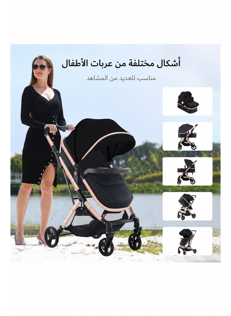 hibobi Luxury Reversible High Landscape Lightweight Baby Stroller with Free Meal Tray and Cup Holder, Quick Folding, Suitable for 0–6 Years, Anti-Slip & Puncture-Proof Rubber Tires, 60kg Load Capacity, Black Travel Stroller - Image 2