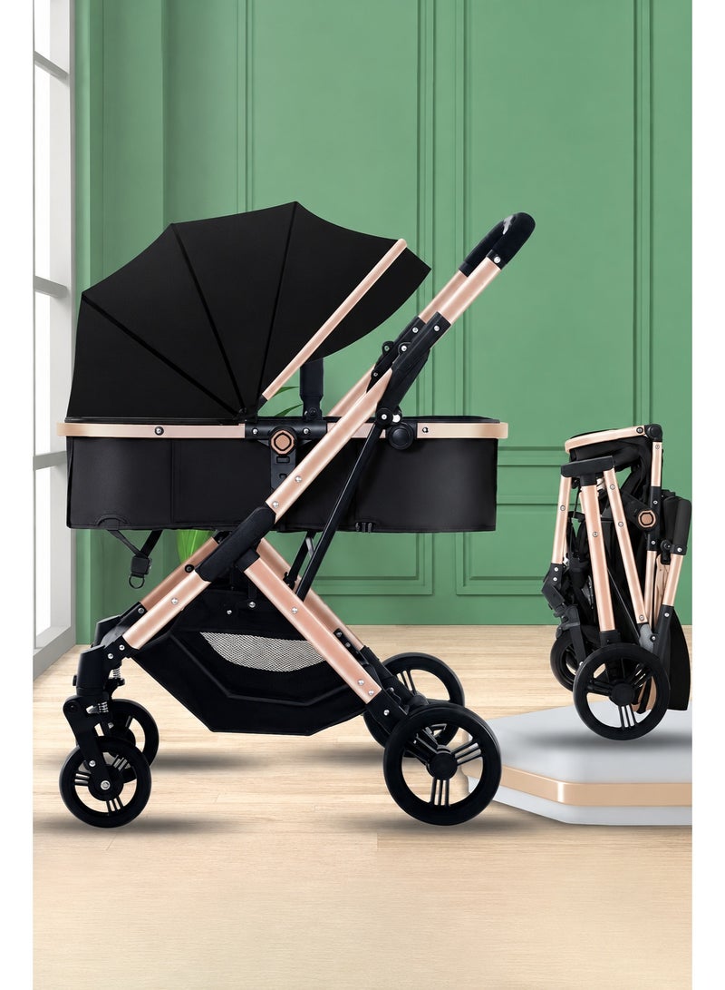 hibobi Luxury Reversible High Landscape Lightweight Baby Stroller with Free Meal Tray and Cup Holder, Quick Folding, Suitable for 0–6 Years, Anti-Slip & Puncture-Proof Rubber Tires, 60kg Load Capacity, Black Travel Stroller - Image 1