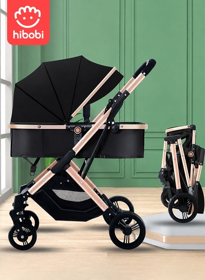 hibobi Luxury Reversible High Landscape Lightweight Baby Stroller with Free Meal Tray and Cup Holder, Quick Folding, Suitable for 0–6 Years, Anti-Slip & Puncture-Proof Rubber Tires, 60kg Load Capacity, Black Travel Stroller - Image 1