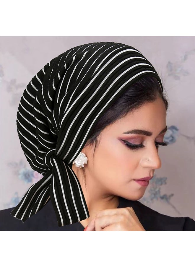 Laravel Striped Muslim long-tail elegant fashion Muslim Elastic turban hat chemotherapy hat Islamic Arab Hijab Undercap Elastic Headscarf Hat Ramadan Gift Holiday Gift Box - Black-white Striped  - Image 1