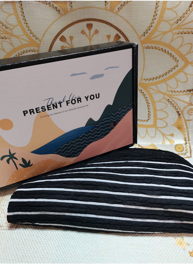 Laravel Striped Muslim long-tail elegant fashion Muslim Elastic turban hat chemotherapy hat Islamic Arab Hijab Undercap Elastic Headscarf Hat Ramadan Gift Holiday Gift Box - Black-white Striped  - Image 3
