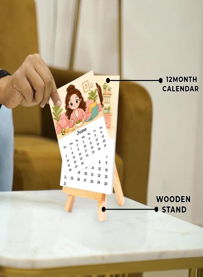 MAKEPHOTOGIFTS 2026 Desk Calendar 4x6 Inch | Cute Girl Illustration Mini Calendar with Wooden Easel Stand Compact Tabletop Monthly Calendar | Premium Glossy Photo Paper | Home & Office Decor Gift - Image 4