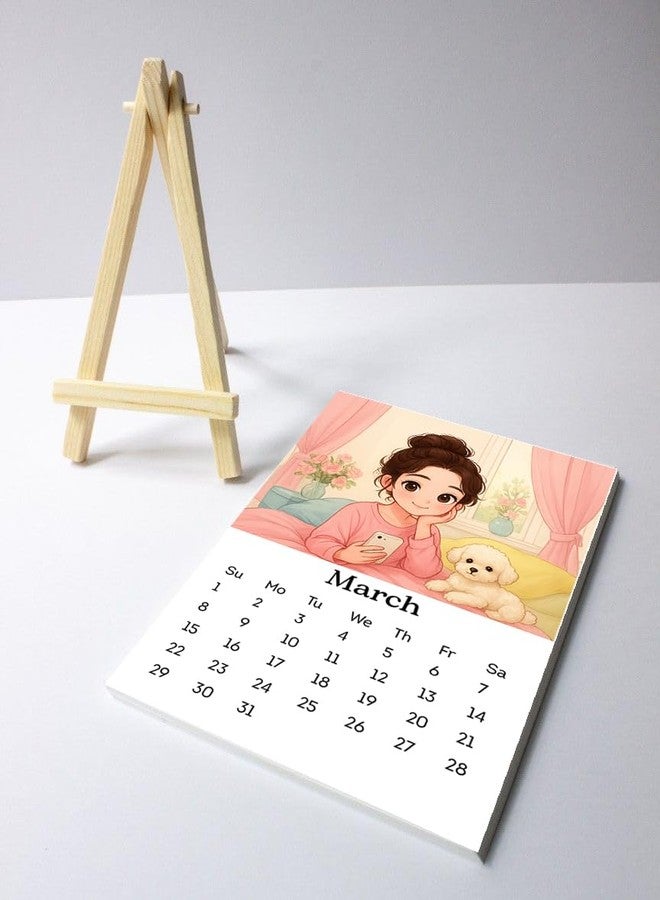 MAKEPHOTOGIFTS 2026 Desk Calendar 4x6 Inch | Cute Girl Illustration Mini Calendar with Wooden Easel Stand Compact Tabletop Monthly Calendar | Premium Glossy Photo Paper | Home & Office Decor Gift - Image 5