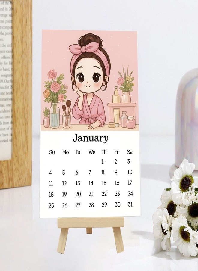 MAKEPHOTOGIFTS 2026 Desk Calendar 4x6 Inch | Cute Girl Illustration Mini Calendar with Wooden Easel Stand Compact Tabletop Monthly Calendar | Premium Glossy Photo Paper | Home & Office Decor Gift - Image 1