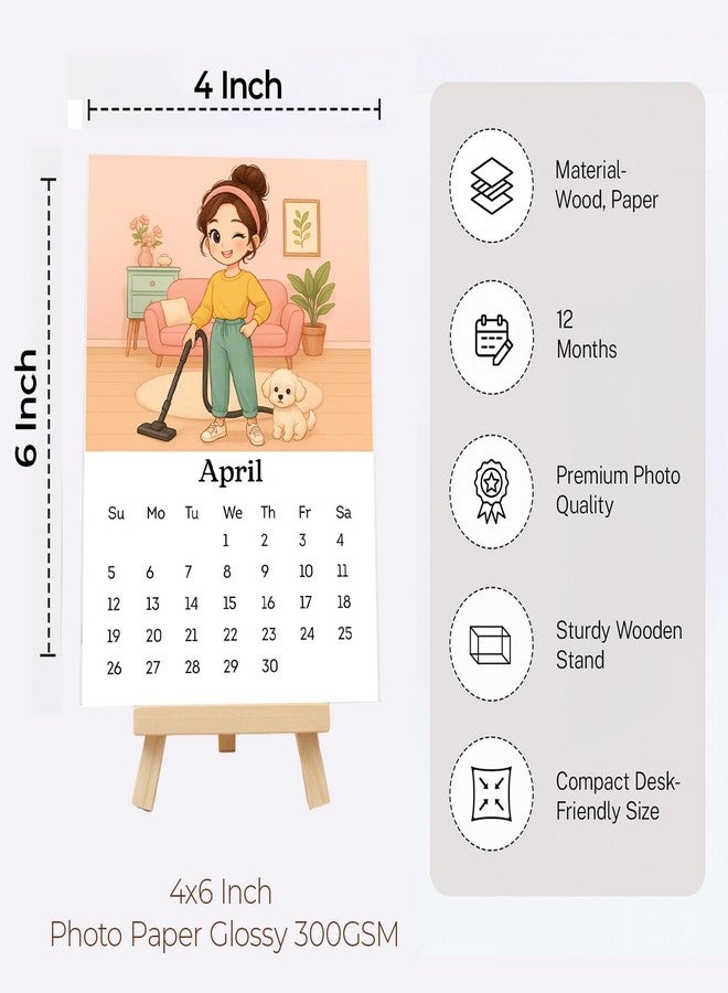 MAKEPHOTOGIFTS 2026 Desk Calendar 4x6 Inch | Cute Girl Illustration Mini Calendar with Wooden Easel Stand Compact Tabletop Monthly Calendar | Premium Glossy Photo Paper | Home & Office Decor Gift - Image 3