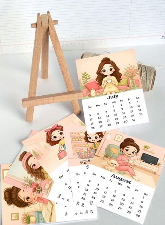 MAKEPHOTOGIFTS 2026 Desk Calendar 4x6 Inch | Cute Girl Illustration Mini Calendar with Wooden Easel Stand Compact Tabletop Monthly Calendar | Premium Glossy Photo Paper | Home & Office Decor Gift - Image 2