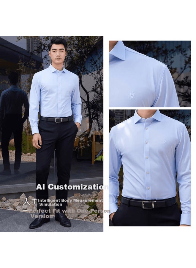 Ouding First Class Mulberry Silk Jin Yu Blue High Elastic Long Sleeve Shirt Men Spring Shirt Jin Yu Blue 44 - Image 3