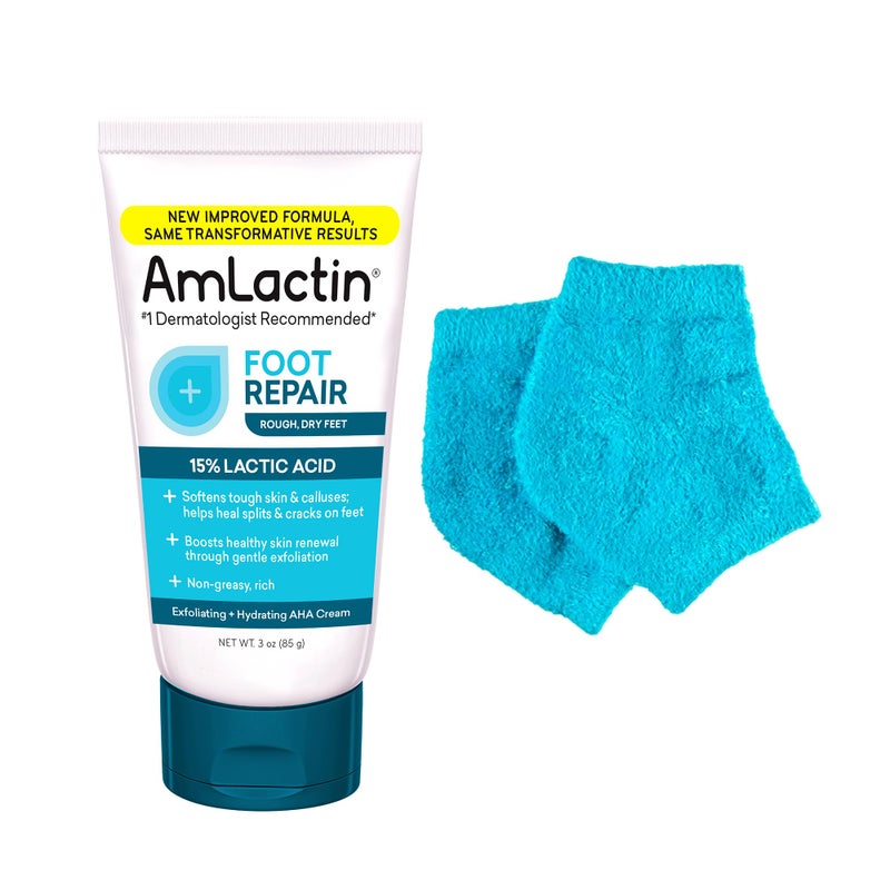 AmLactin Foot Repair Foot Cream Therapy 3 oz and One Pair Moisturizing Heel Socks Packaging May Vary