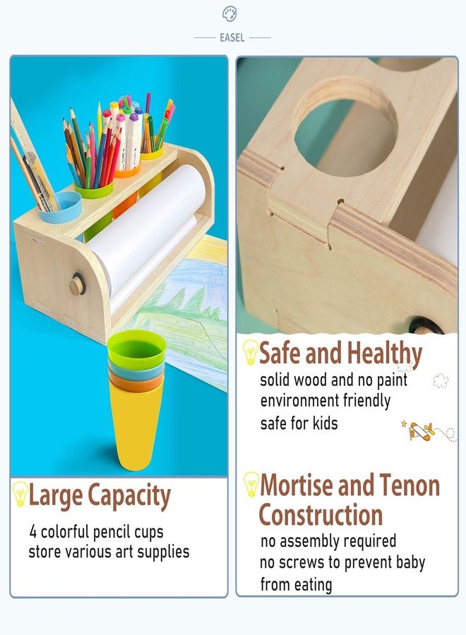XDONEF Wooden Tabletop Paper Roll Dispenser with Paper Roll 11.4inx98.4ft and Pencil Cups Craft Paper Roll Holder Art Paper Roll Dispenser for Kids Desktop Easel for Drawing - Image 2