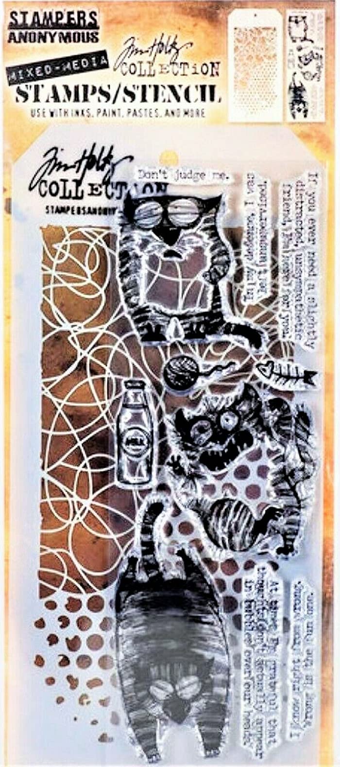 Tim Holtz Collection Stampers Anonymous Doodle Dots and Flat Cats Mixed Media Stamp and Stencil Set THMM110