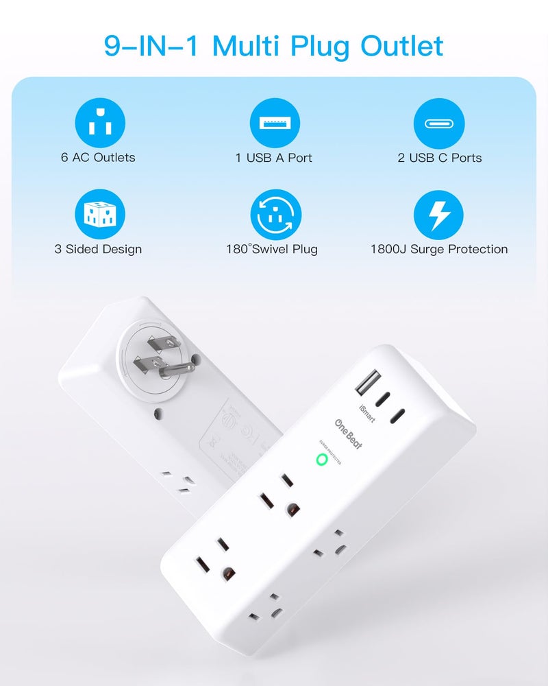 One Beat Surge Protector Outlet Extender with Rotating Plug, 6 AC Multi Plug Outlet with 3 USB Ports (2 USB C), 1800 Joules, 3-Sided Swivel Power Strip with Spaced Outlet Splitter for Home, Office, Dorm, White - Image 2