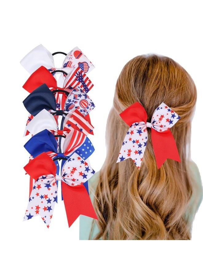Nishine 4 pcs 8inch Girls American Flag Glitter Ribbon Cheer Hair Bows 4th of July Independence Day Ponytail Holder Hair Ties (Type B-6 pcs)  - Image 1