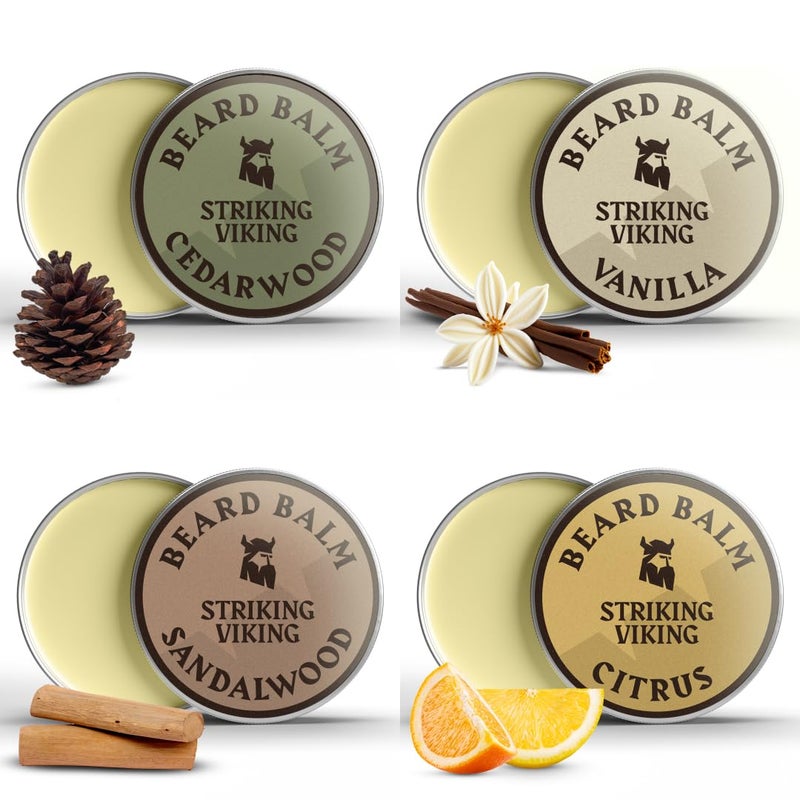 Striking Viking Striking Viking Beard Balm for Men  Light Hold 1 Oz Pack of 4 with Citrus Vanilla Sandalwood Cedar Scents  Leavein Beard Conditioner with Shea Butter Tea Tree Argan  Jojoba Oils