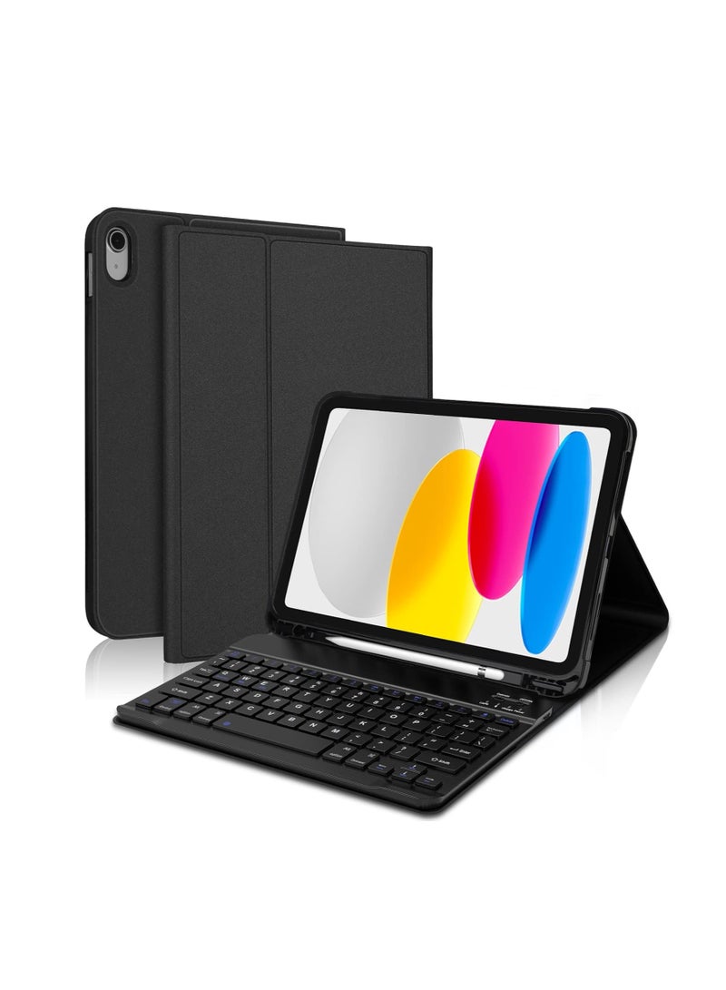 إم اتش ام حافظة كيبورد لجهاز ايباد الجيل العاشر 10.9 انش 2022 بلوتوث قابلة للفصل غطاء قابل للطي مع حامل قلم لاعادة الشحن الجديد اسود - Image 1
