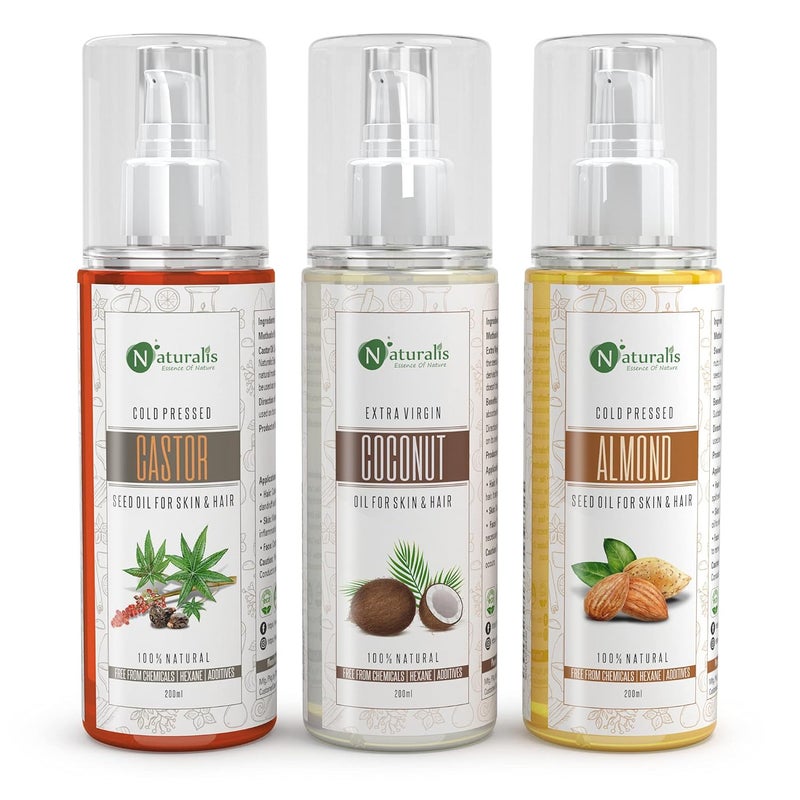 Naturalis Essence Of Nature Trio of castorcoconutalmond Oil for Skin Hair 200ml Each - Image 1
