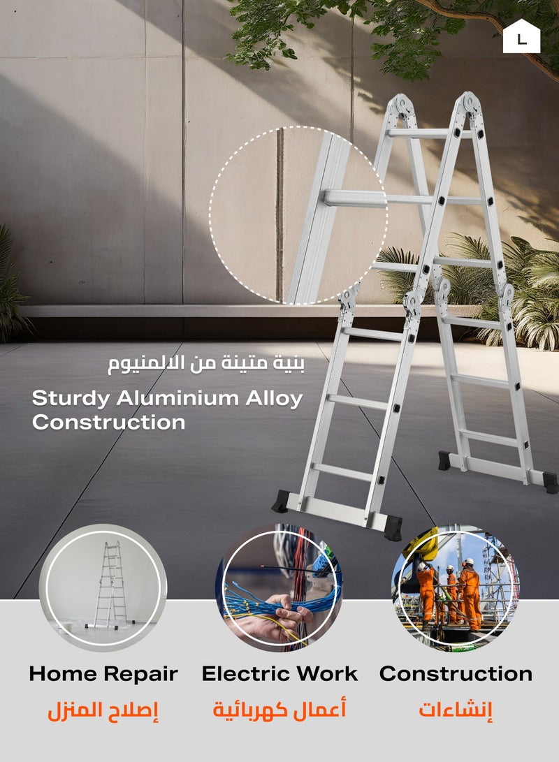 لوازم سلم قابل للطي - 3.7 متر - سلم خفيف الوزن وقابل للتعديل يمكن استخدامه كسلم عادي، سلم طويل، سلم مستقيم للحائط، أو وضع مسطح للعمل، مزود بقواعد مانعة للانزلاق وأقفال أمان - مناسب للاستخدام في المنزل، الدهان، التنظيف، الاصلاحات المنزلية، والصيانة الداخلية والخارجية.  - Image 5