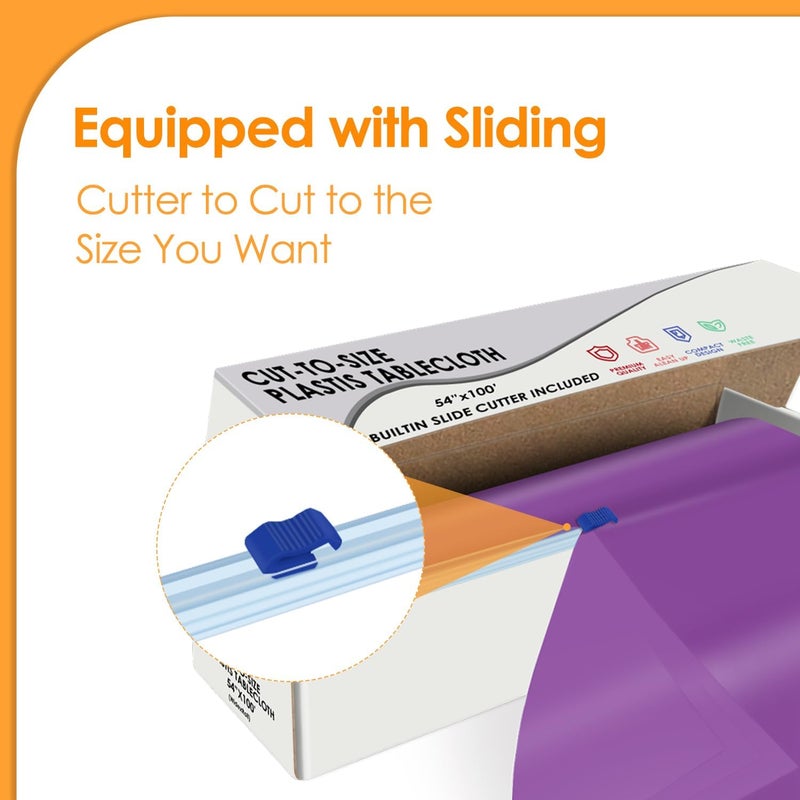 tujol Purple Disposable Plastic Table Cloth Roll 54" X 100', Plastic Table Cover with Cutter Box, Cut to Size Disposable Tablecloth for Parties - Image 3