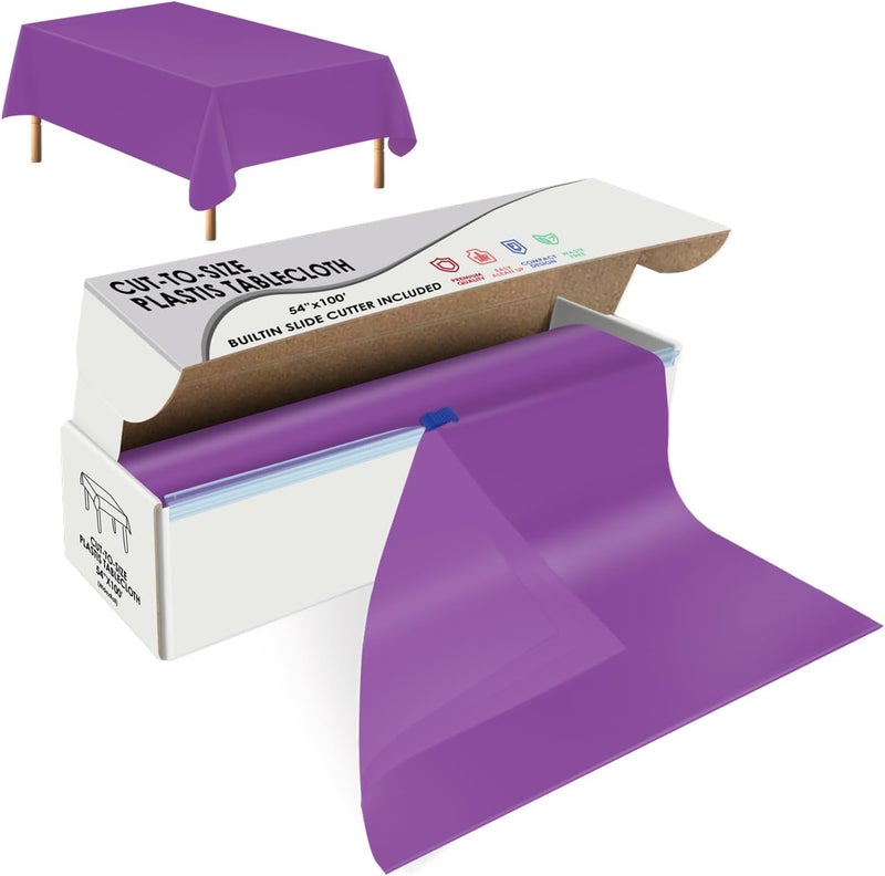 tujol Purple Disposable Plastic Table Cloth Roll 54" X 100', Plastic Table Cover with Cutter Box, Cut to Size Disposable Tablecloth for Parties - Image 1