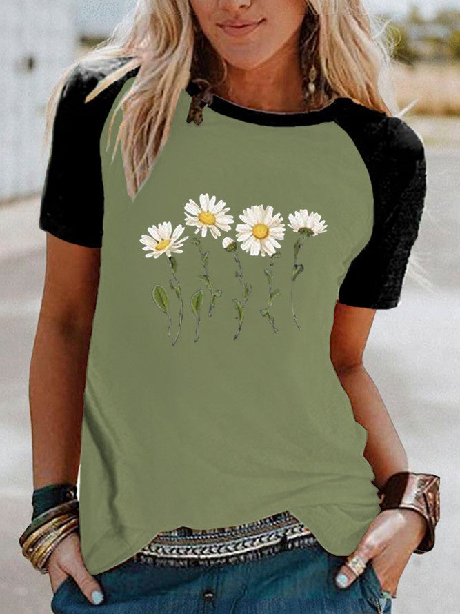 wish fun daisy pattern printed Raglan contrast short sleeve t-shirt - Image 4
