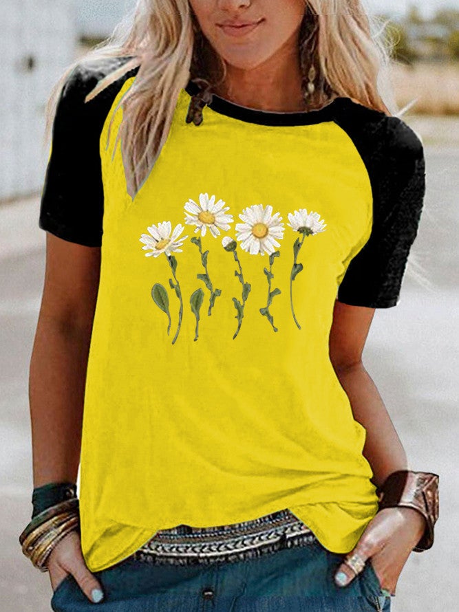 wish fun daisy pattern printed Raglan contrast short sleeve t-shirt - Image 1