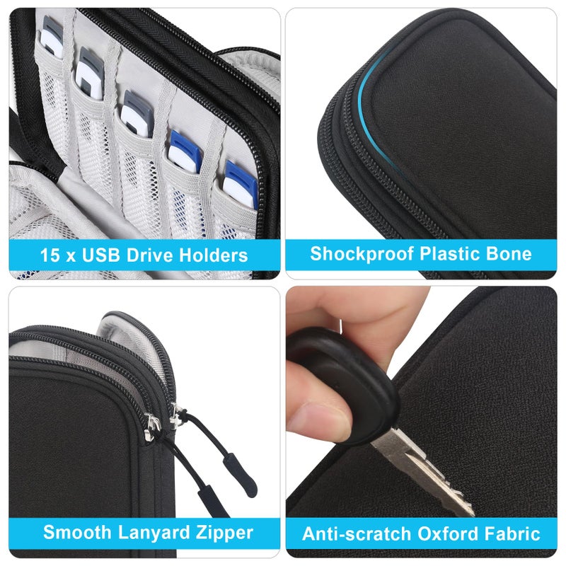 Lacdo USB Flash Drive Case Thumb Drive Holder Case Organizer Portable Electronic Accessories Storage Bag for SanDisk/SamData/Samsung USB Flash Drives Jump Drive Memory Stick, SD Card, Cable, Black - Image 4